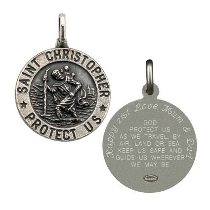Antique Finish Sterling Silver 21mm 3D St Christopher Pendant With Travellers Prayer With Optional Engraving