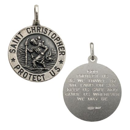 Antique Finish Sterling Silver 21mm 3D St Christopher Pendant With Travellers Prayer 