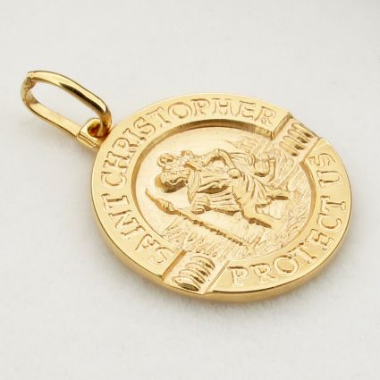 9ct Yellow Gold 18mm 3D Split St Christopher Pendant With Travellers Prayer on back