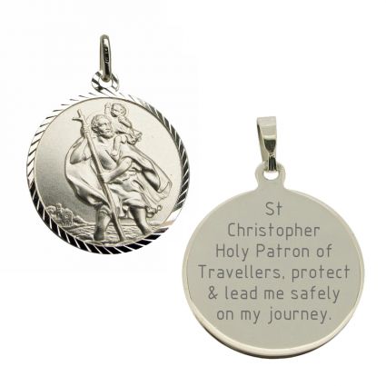 Sterling Silver Diamond Cut 18mm St Christopher Pendant With Travellers Prayer