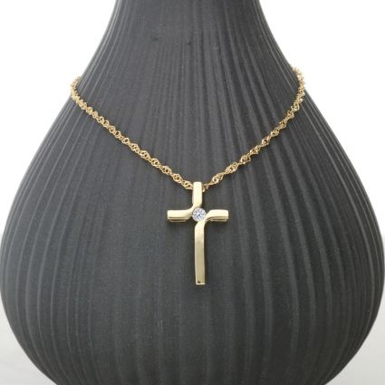 9ct Yellow Gold Diamond Set Cross Pendant & Chain