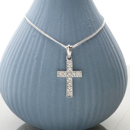 9ct White Gold Diamond Set Cross Pendant With Optional Chain
