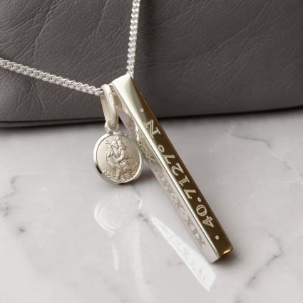 Personalised Sterling Silver 3D Bar & St Christopher Necklace