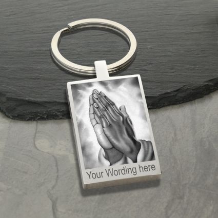 Mirror Polished Rectangle Keyring With Praying Hands