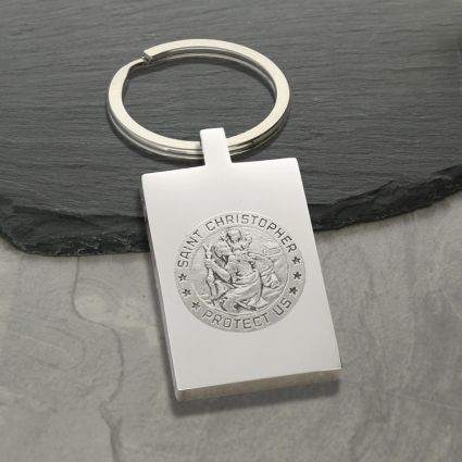 Mirror Polished Rectangle St Christopher Keyring With Optional Engraving