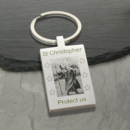 Mirror Polished Rectangle St Christopher Photo Keyring With Optional Engraving