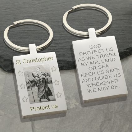 Mirror Polished Rectangle St Christopher Photo Keyring With Travellers Prayer
