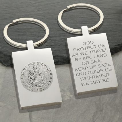 Mirror Polished Rectangle St Christopher Keyring With Travellers Prayer