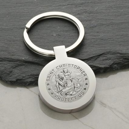 Mirror Polished Round St Christopher Keyring With Optional Engraving