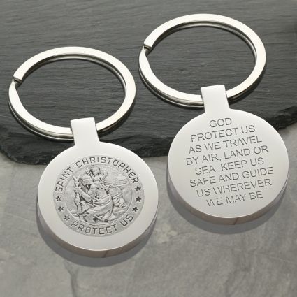 Mirror Polished Round St Christopher Keyring With Travellers Prayer