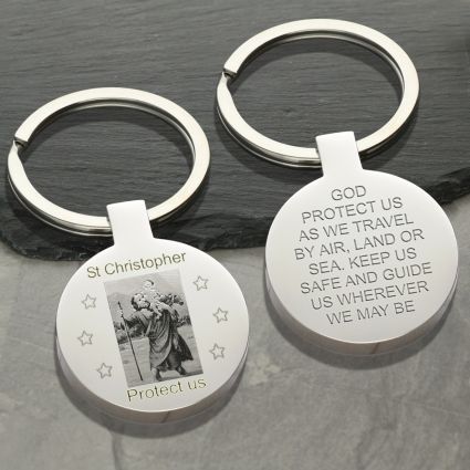 Mirror Polished Round St Christopher Photo Keyring With Travellers Prayer