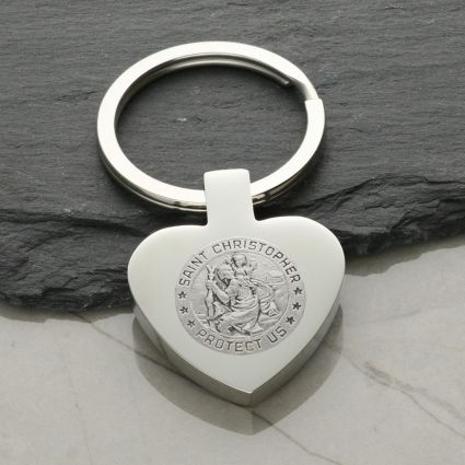 Mirror Polished Heart St Christopher Keyring