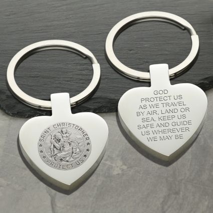 Mirror Polished Heart St Christopher Keyring With Travellers Prayer