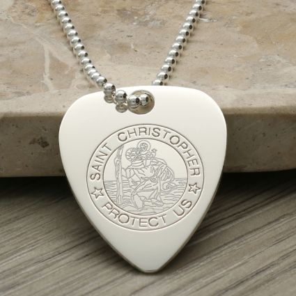 Sterling Silver St Christopher Plectrum Guitar Pick Tag With Optional Engraving & Chain