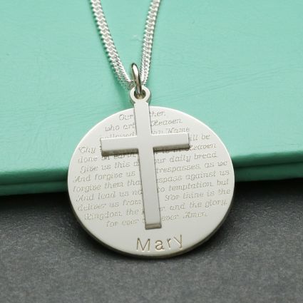 Sterling Silver Cross With Personalised The Lord's Prayer Disc & Optional Engraving