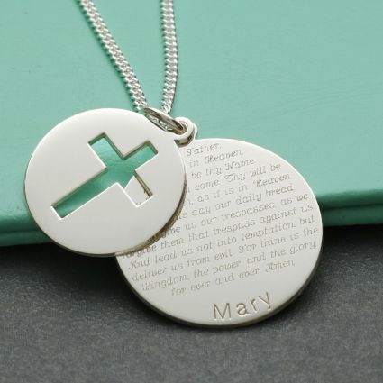 Sterling Silver Personalised Cross Disc Necklace With The Lord's Prayer & Optional Engraving