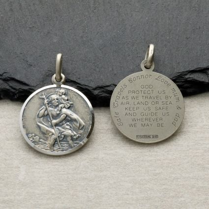 Antique Finish Sterling Silver 22mm St Christopher Pendant With Travellers Prayer Optional Engraving and Chain