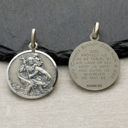 Antique Finish Sterling Silver 24mm St Christopher Pendant With Travellers Prayer, Engraving and Optional Chain