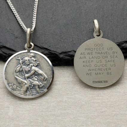 Antique Finish Sterling Silver 27mm St Christopher Pendant With Travellers Prayer and Optional Chain