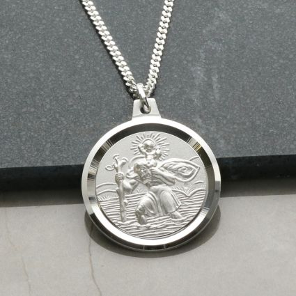 Sterling Silver Plain Diamond Cut Edge 20mm St Christopher Pendant With Optional Engraving and Chain