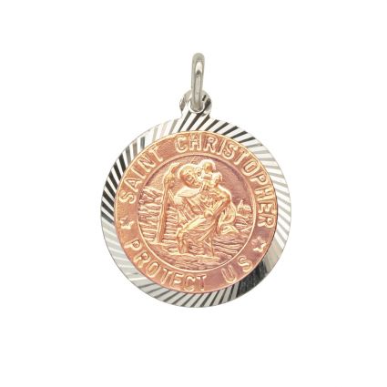 Sterling Silver and Rose Gold Plated 18mm Diamond Cut St Christopher Pendant 