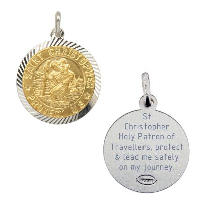 Sterling Silver and Gold Plated 18mm Diamond Cut St Christopher Pendant With Travellers Prayer
