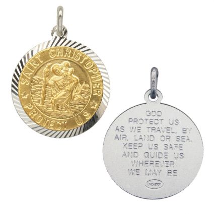 Sterling Silver and Gold Plated 21mm Diamond Cut St Christopher Pendant With Travellers Prayer