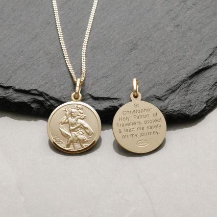 9ct Yellow Gold 16mm St Christopher Pendant With Travellers Prayer and Optional Chain