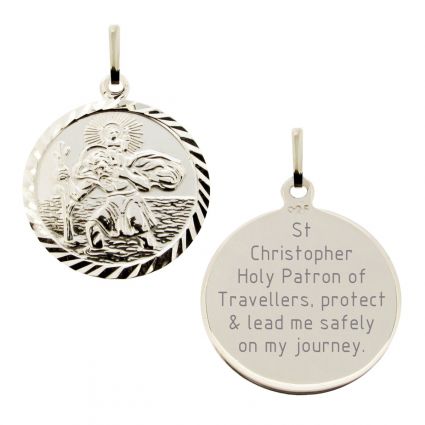 Sterling Silver Diamond Cut 19mm St Christopher Pendant With Travellers Prayer and Optional Chain
