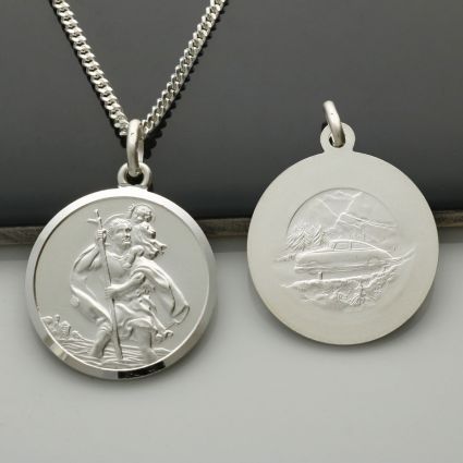 Sterling Silver 27mm Double Sided St Christopher Pendant With Optional Engraving and Chain