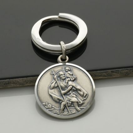 Antique Finish Sterling Silver 24mm St Christopher Keyring With Optional Engraving