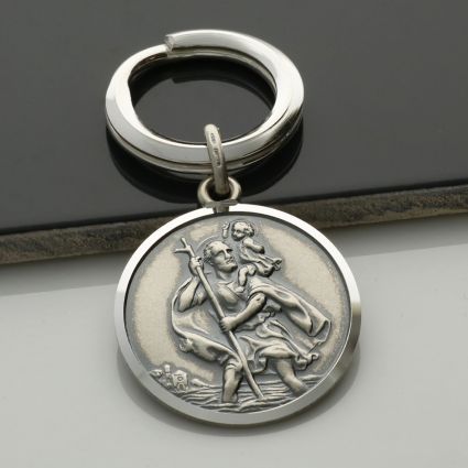Antique Finish Sterling Silver 27mm St Christopher Keyring and Optional Engraving