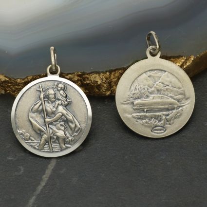 Antique Finish Sterling Silver 20mm Double Sided St Christopher Pendant With Optional Chain