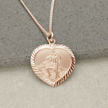 9ct Rose Gold Plated Diamond Cut Heart St Christopher Pendant With Optional Engraving and Chain