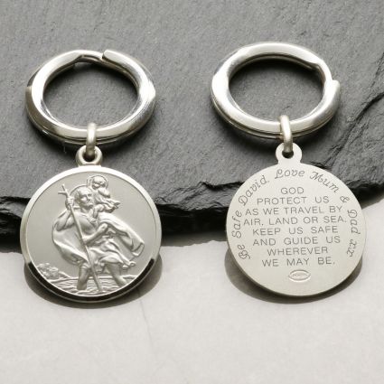 Sterling Silver 24mm St Christopher Keyring With Travellers Prayer and Engraving