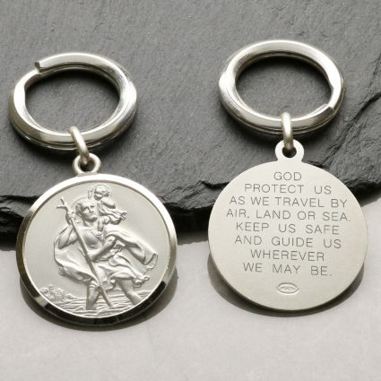 Sterling Silver 27mm St Christopher Keyring With Travellers Prayer