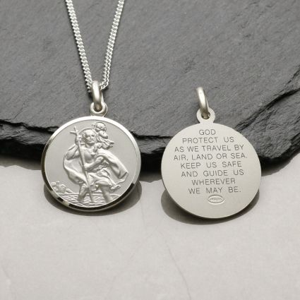 Sterling Silver 22mm St Christopher Pendant With Travellers Prayer and Optional Chain