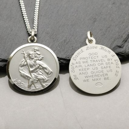 Sterling Silver 27mm St Christopher Pendant With Travellers Prayer Optional Engraving and Chain