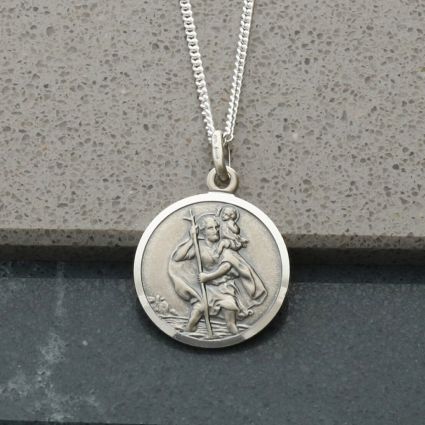 Antique Finish Sterling Silver 16mm St Christopher Pendant With Optional Engraving and Chain