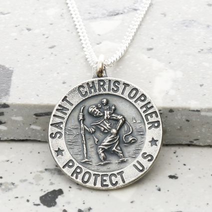 Antique Finish Sterling Silver 24mm 3D St Christopher Pendant With Optional Engraving and Chain