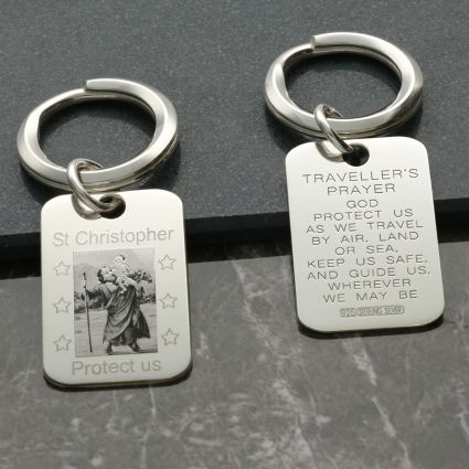 Sterling Silver Photo Engraved St Christopher Keyring With Travellers Prayer