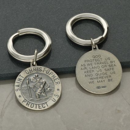 Antique Finish Sterling Silver 24mm 3D St Christopher Keyring With Travellers Prayer