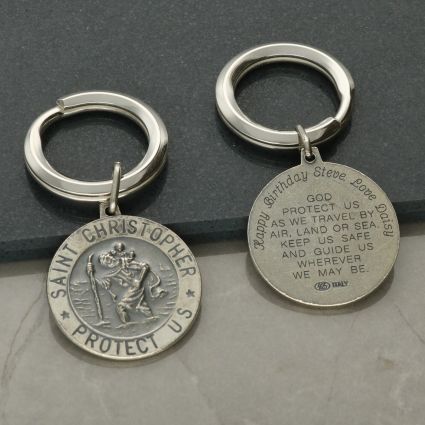 Antique Finish Sterling Silver 24mm 3D St Christopher Keyring With Travellers Prayer centre back and personalised Engraving around the prayer