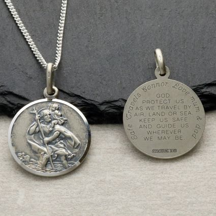 Antique Finish Sterling Silver 27mm St Christopher Pendant With Travellers Prayer Optional Engraving and Chain