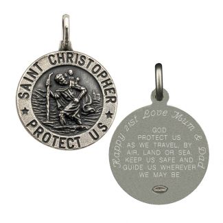 Antique Finish Sterling Silver 21mm 3D St Christopher Pendant With Travellers Prayer With Optional Engraving