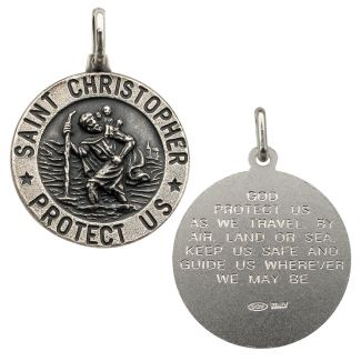 Antique Finish Sterling Silver 24mm 3D St Christopher Pendant With Travellers Prayer 