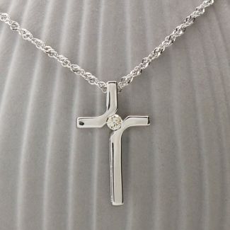 9ct White Gold Diamond Set Cross Pendant & Chain