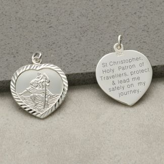 Sterling Silver Diamond Cut Heart St Christopher Pendant With Travellers Prayer and Optional Chain