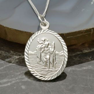 Sterling Silver Diamond Cut Large Oval St Christopher Pendant 