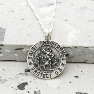 Antique Finish Sterling Silver 18mm 3D St Christopher Pendant With Optional Engraving and Chain
